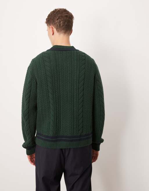 Abercrombie & Fitch - Pull en maille torsadée à col V, manches longues et rayures - Vert, 3 de 4