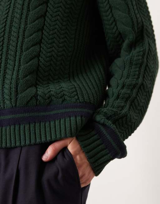 Abercrombie & Fitch - Pull en maille torsadée à col V, manches longues et rayures - Vert, 4 de 4