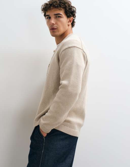 Abercrombie & Fitch pull henley en maille couleur crème, 2 de 5