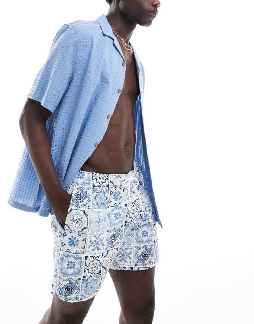 Abercrombie & Fitch - Pull-on-badeshorts på 7 tommer med blåt teglprint i bæk-og-bølge-stof