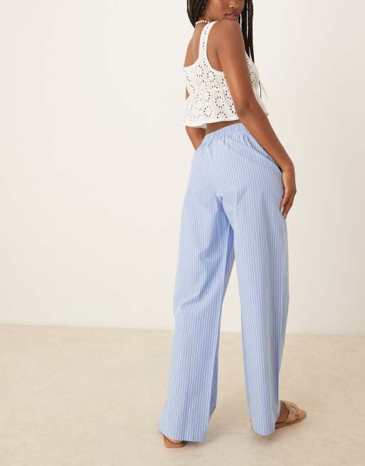 Abercrombie & Fitch - Pull-on-bukser med vide ben, fold og blå striber i poplin, 3 af 5