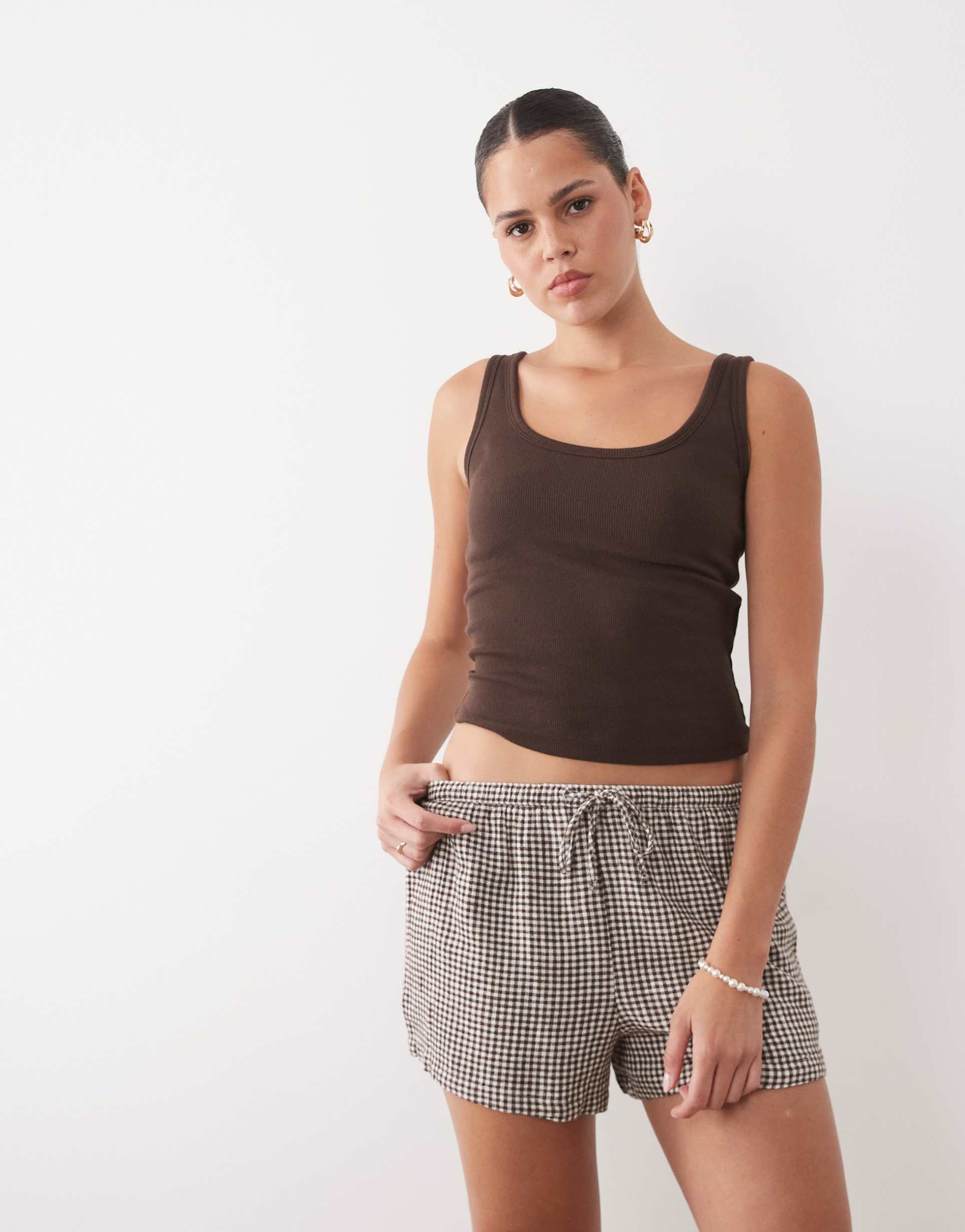abercrombie & fitch pull on embroidered boho shorts in brown gingham