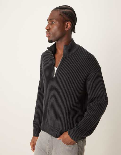 Abercrombie & Fitch - Pull oversize en maille à col zippé et rayures façon surpiqûres - Noir