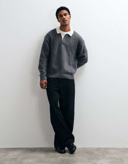 Abercrombie & Fitch pull polo en maille à manches longues boutonné avec col contrasté en gris, 2 de 5