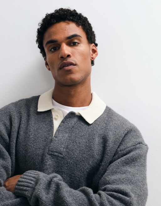 Abercrombie & Fitch pull polo en maille à manches longues boutonné avec col contrasté en gris, 3 de 5