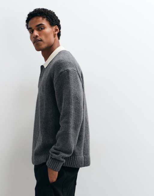 Abercrombie & Fitch pull polo en maille à manches longues boutonné avec col contrasté en gris, 4 de 5
