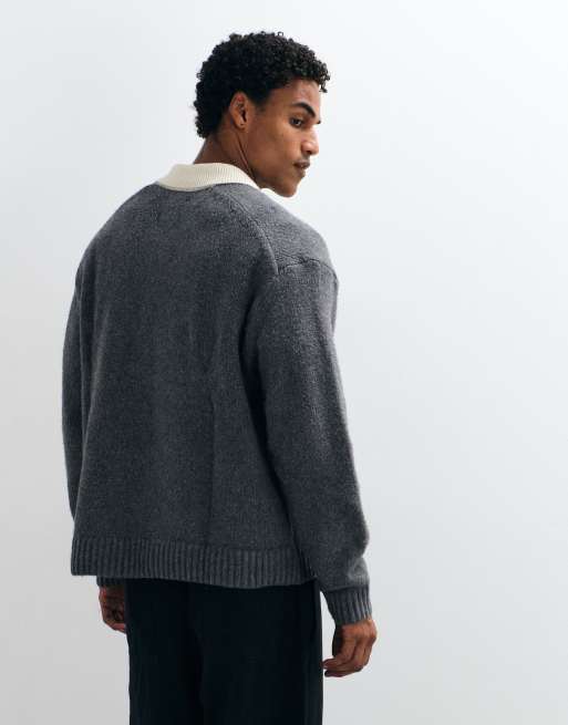 Abercrombie & Fitch pull polo en maille à manches longues boutonné avec col contrasté en gris, 5 de 5