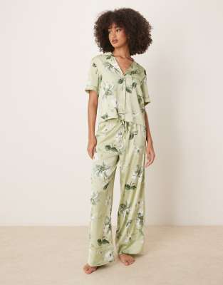 Abercrombie & Fitch - Pyjama-Hose in Grün geblümt mit Kordelzug, Kombiteil