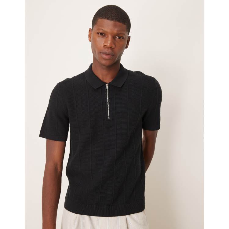 Abercrombie & Fitch quarter zip short sleeve knit polo in black | ASOS