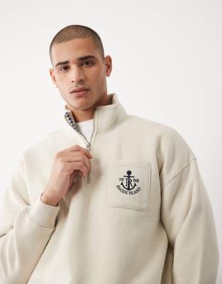 Abercrombie & Fitch Quarter Zip Sweatshirt With Embroidered Pocket In Neutral