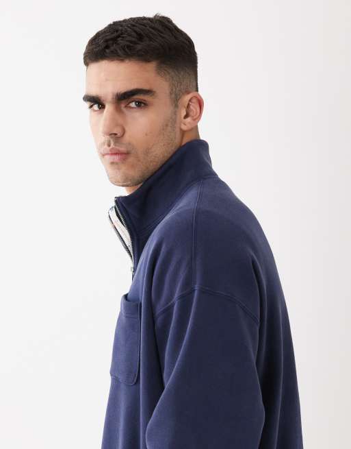 Abercrombie & Fitch quarter zip sweatshirt with embroidered pocket in navy, 3 of 5