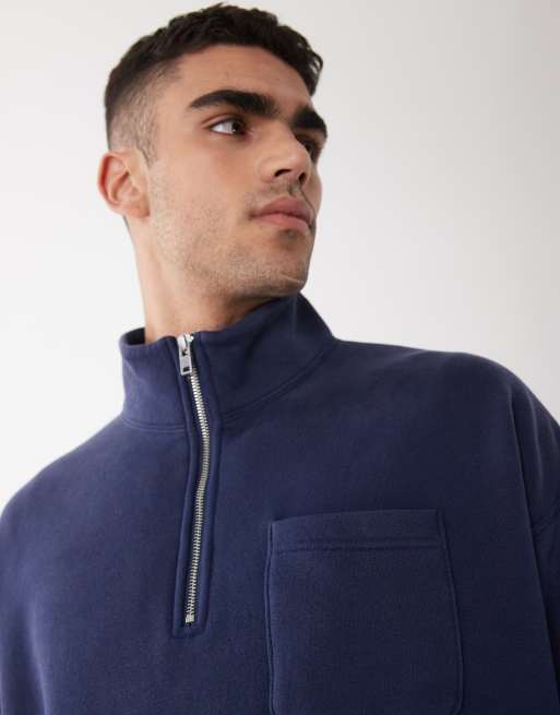 Abercrombie & Fitch quarter zip sweatshirt with embroidered pocket in navy, 4 of 5
