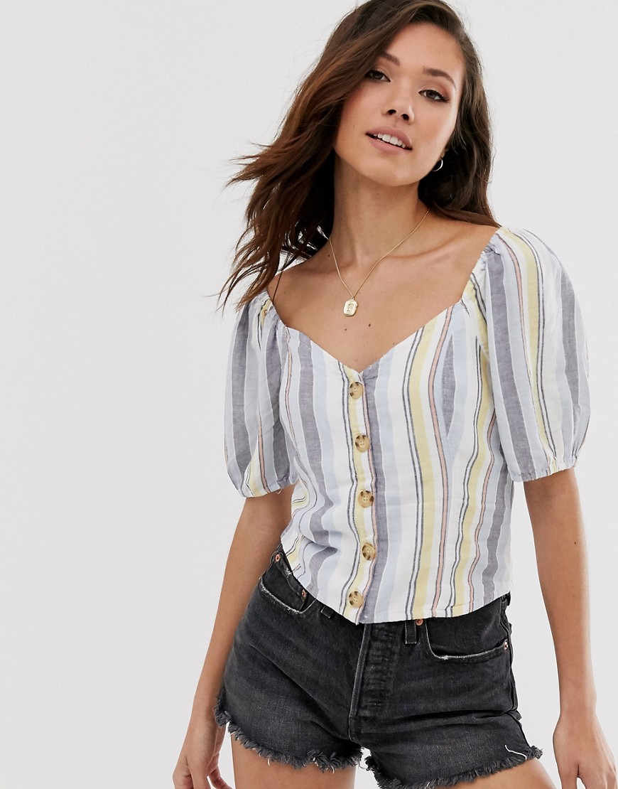 Abercrombie & Fitch – Randig linneskjorta med knappar-Blå