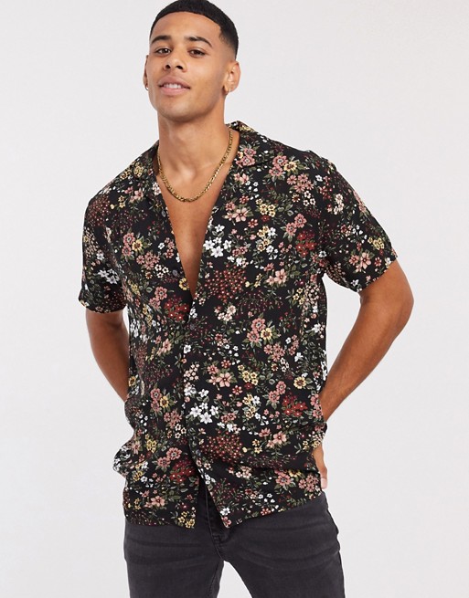 Abercrombie & Fitch rayon floral short sleeve shirt in black