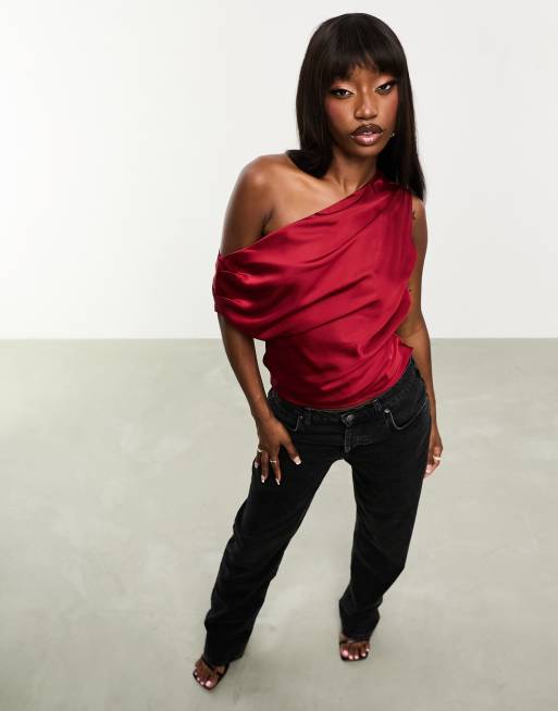 Abercrombie & Fitch - Rød, asymmetrisk og draperet top i satin, 2 af 4