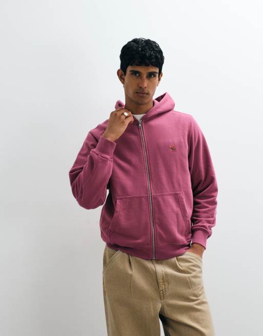 Abercrombie & Fitch - Rød forvasket hættetrøje med lynlås og logoikon, 5 af 5