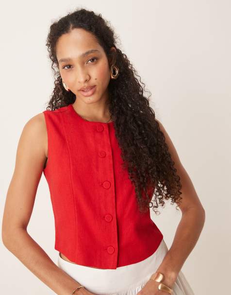 Abercrombie & Fitch - Rød, højhalset og cropped vest i hør - view 1