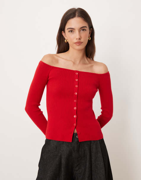 Abercrombie & Fitch - Rød offshoulder-top med gennemgående knapper - view 1