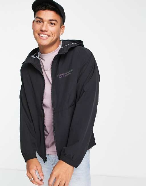 Abercrombie Fitch reflective back logo print hooded rain jacket in black