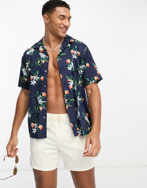 Abercrombie & Fitch - Resort overhemd met korte mouwen en bloemenprint in marineblauw