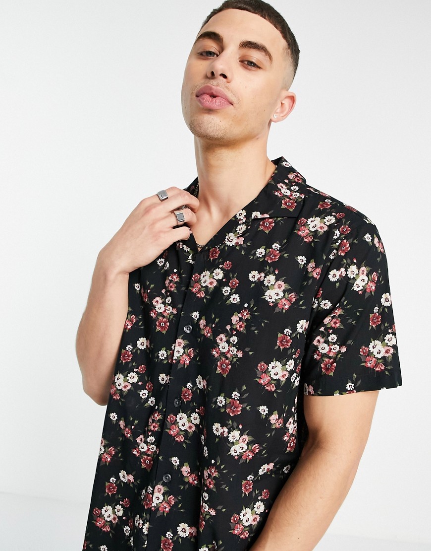 Abercrombie & Fitch resort revere collar short sleeve floral print shirt in black