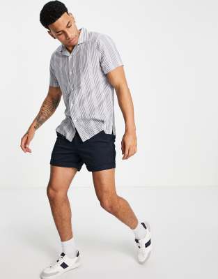 Abercrombie & Fitch resort revere collar short sleeve textural stripe shirt in blue - ASOS Price Checker