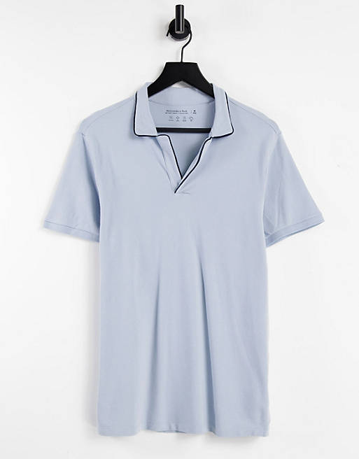 Abercrombie & Fitch resort tipped open collar polo in light blue/navy