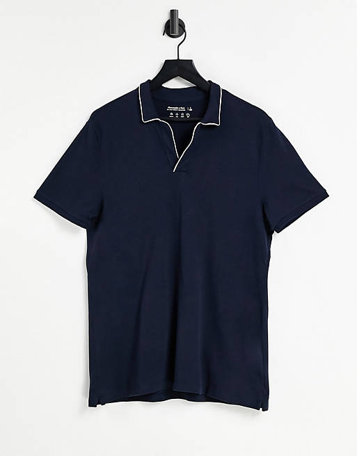 Abercrombie & Fitch resort tipped open collar polo in navy/white