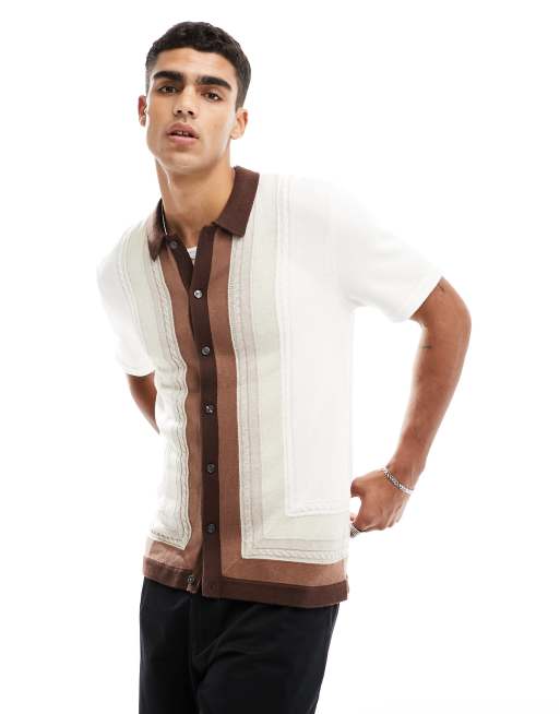 Abercrombie & Fitch retro brown border button through knit polo in brown