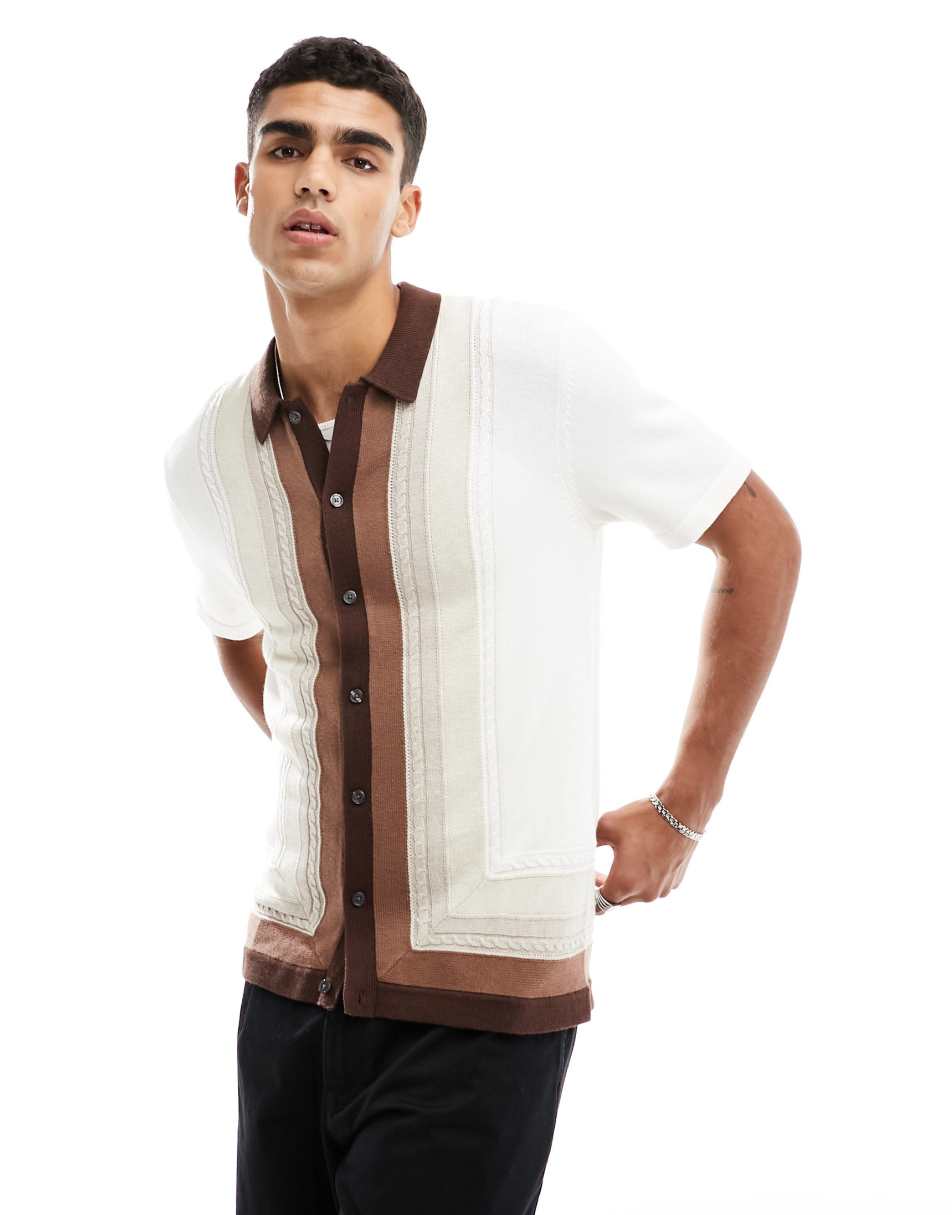 Abercrombie & Fitch retro brown border button through knit polo in brown