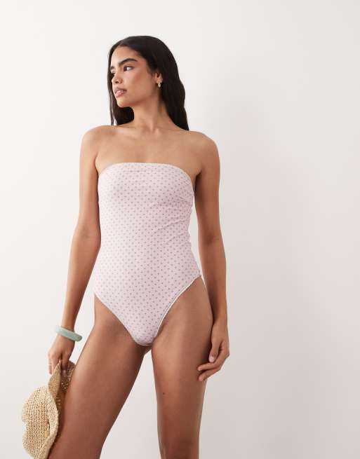Abercrombie & Fitch reversible bandeau swimsuit in pink polka dot, 4 of 4
