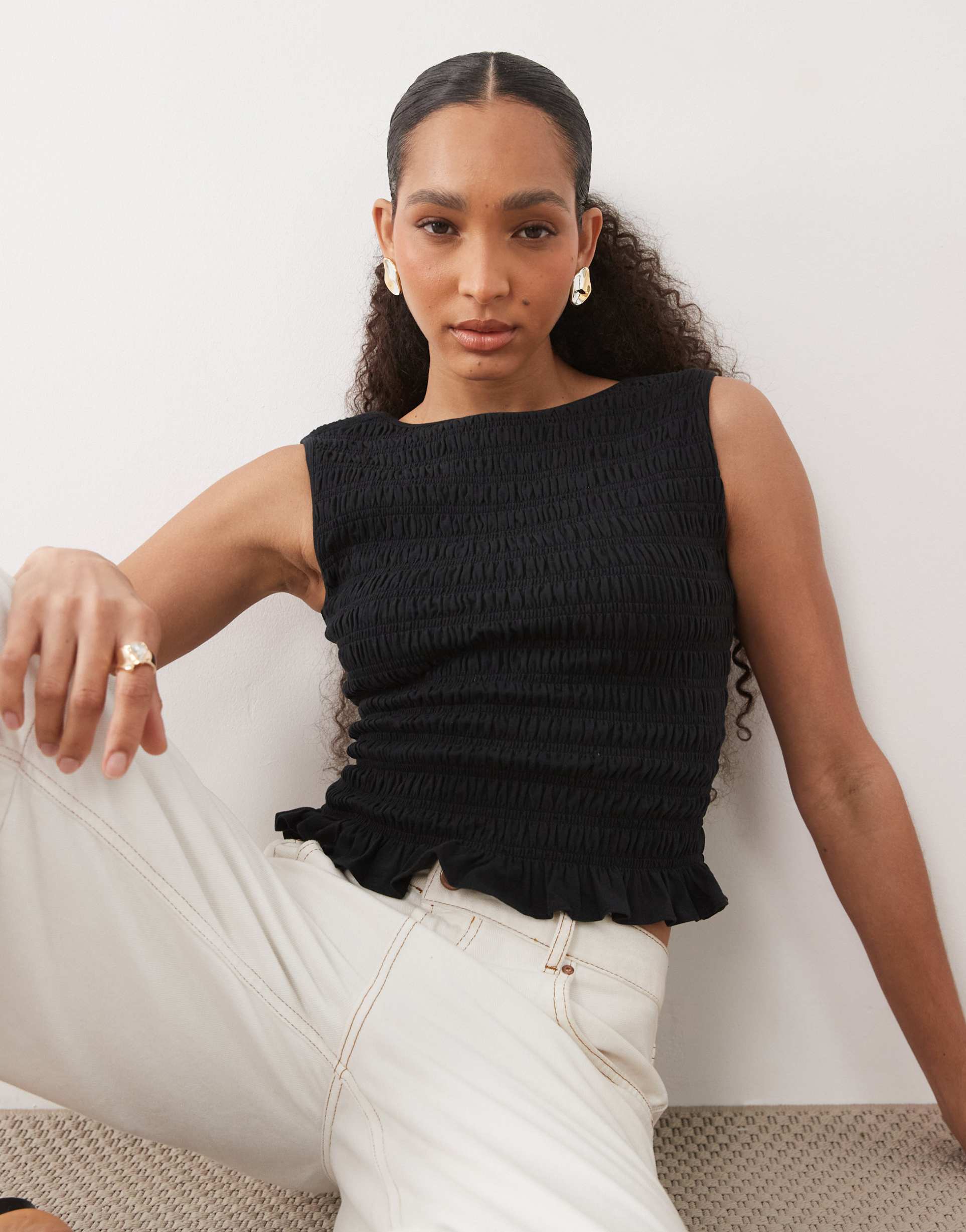 abercrombie & fitch reversible smocked sleeveless top in black