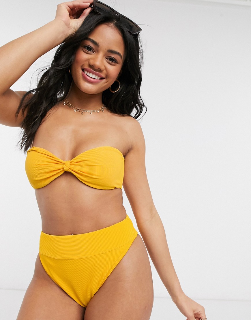 Abercrombie & Fitch ribbed bandeau bikini top in yellow-Gold
