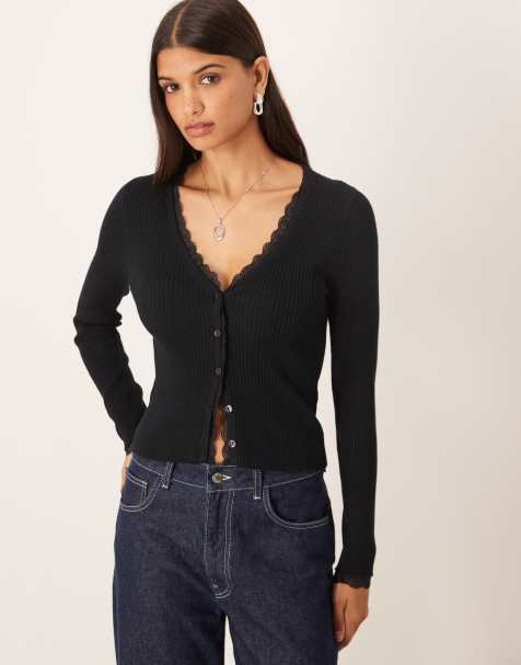 Abercrombie & Fitch ribbed cardigan with lace trim in black - view 1