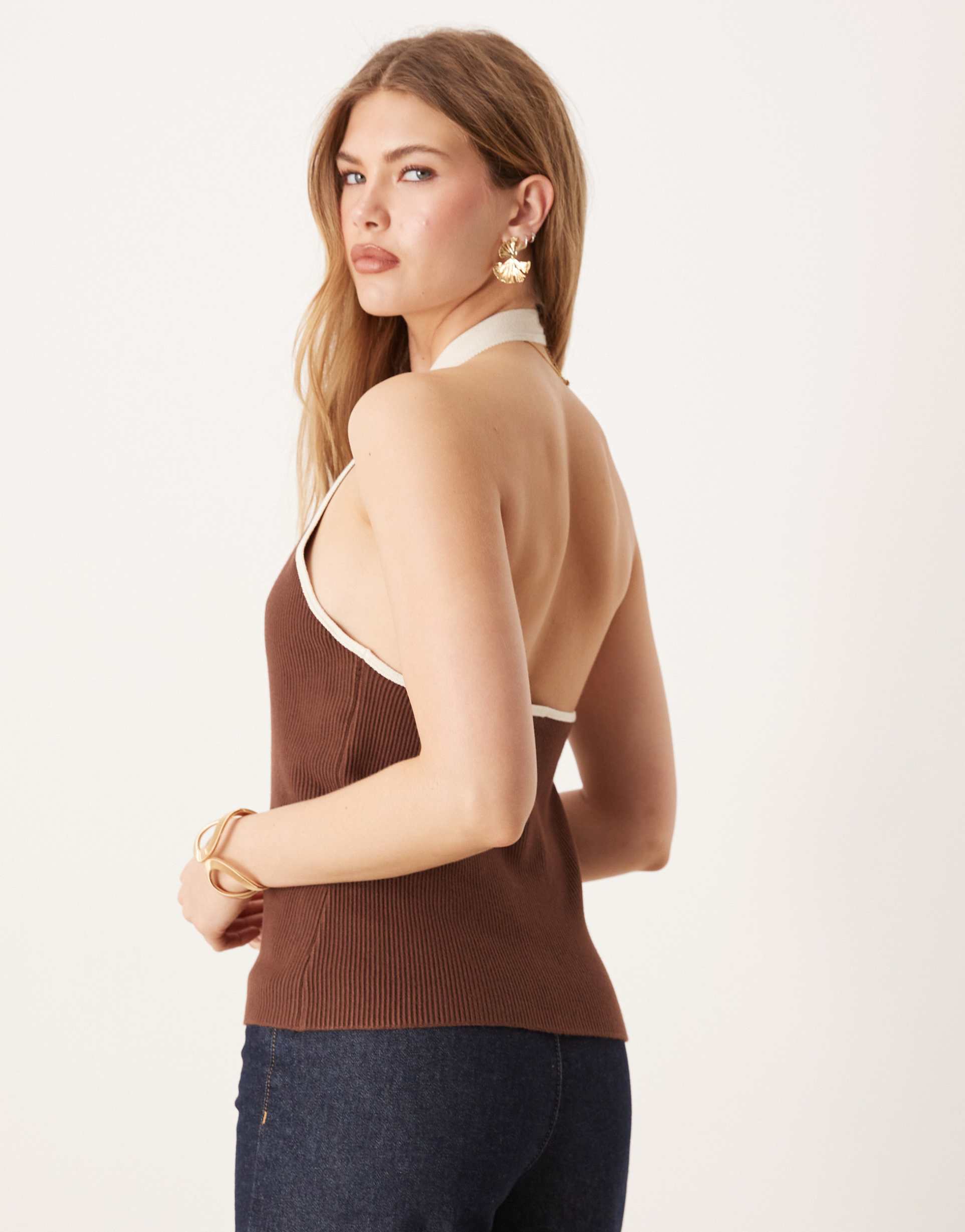 abercrombie & fitch ribbed halter neck tank top in brown and cream