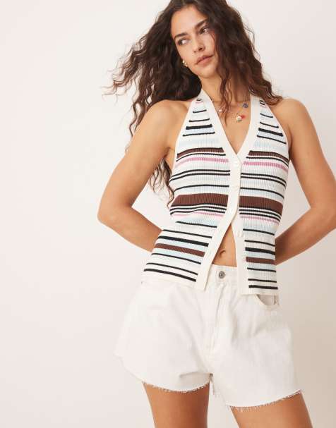 Abercrombie & Fitch ribbed halter neck vest in multi stripe - view 1