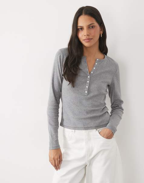 Abercrombie & Fitch ribbed long sleeve crew neck henley top in grey