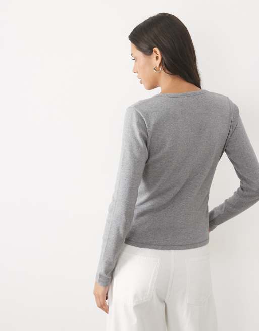 Abercrombie & Fitch ribbed long sleeve crew neck henley top in grey, 4 of 4