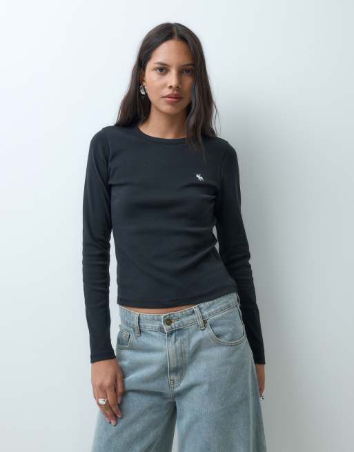 Abercrombie & Fitch ribbed long sleeve top in black, 3 of 5