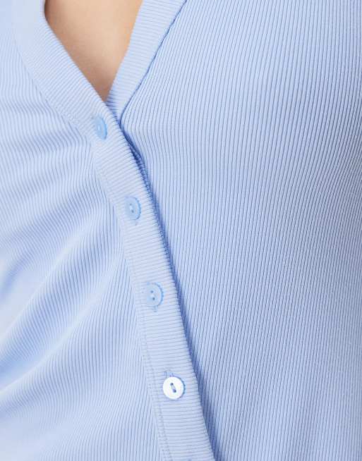 Abercrombie & Fitch ribbed longline asymmetric button down tank top in blue, 3 of 4