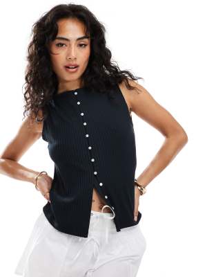 Abercrombie & Fitch ribbed slashed button up sleeveless top in black