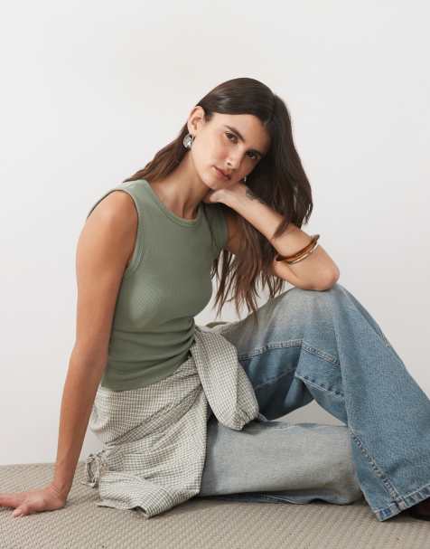 Abercrombie & Fitch ribbed tank top with built in bra in khaki - view 1