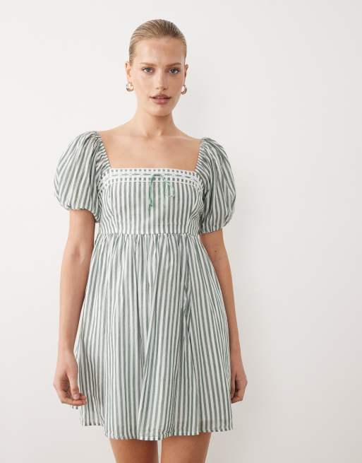 Abercrombie & Fitch - Robe babydoll courte à rayures et manches bouffantes - Vert, 2 de 4