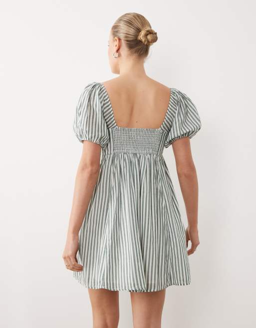Abercrombie & Fitch - Robe babydoll courte à rayures et manches bouffantes - Vert, 3 de 4