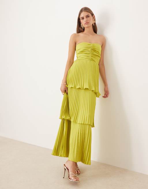 Abercrombie & Fitch - Robe bandeau longue étagée et plissée à fronces - Citron vert