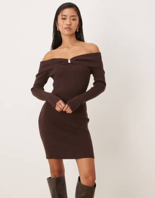 Robe courte à épaules dénudées en maille avec détail en métal - Marron-Brown XS