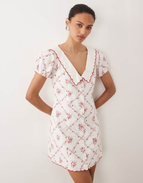 Abercrombie & Fitch - Robe courte à fleurs avec col et manches bouffantes - Blanc - view 1