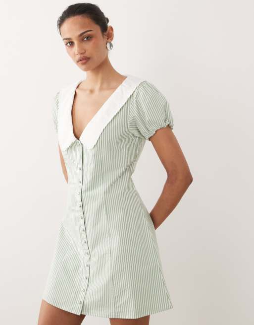Abercrombie & Fitch - Robe courte à rayures avec col et manches bouffantes - Vert, 2 de 4