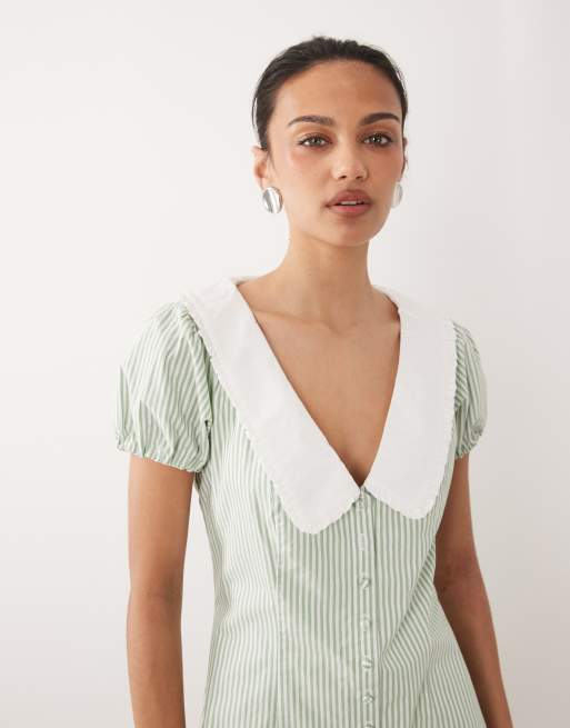 Abercrombie & Fitch - Robe courte à rayures avec col et manches bouffantes - Vert, 3 de 4