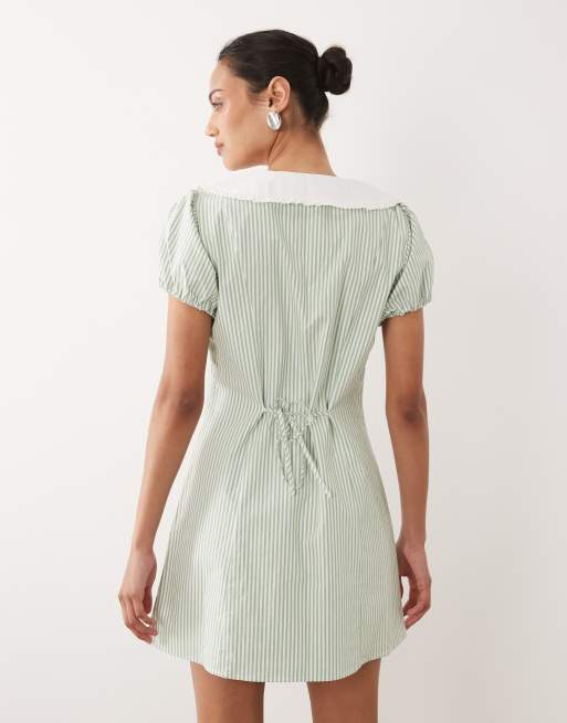 Abercrombie & Fitch - Robe courte à rayures avec col et manches bouffantes - Vert, 4 de 4